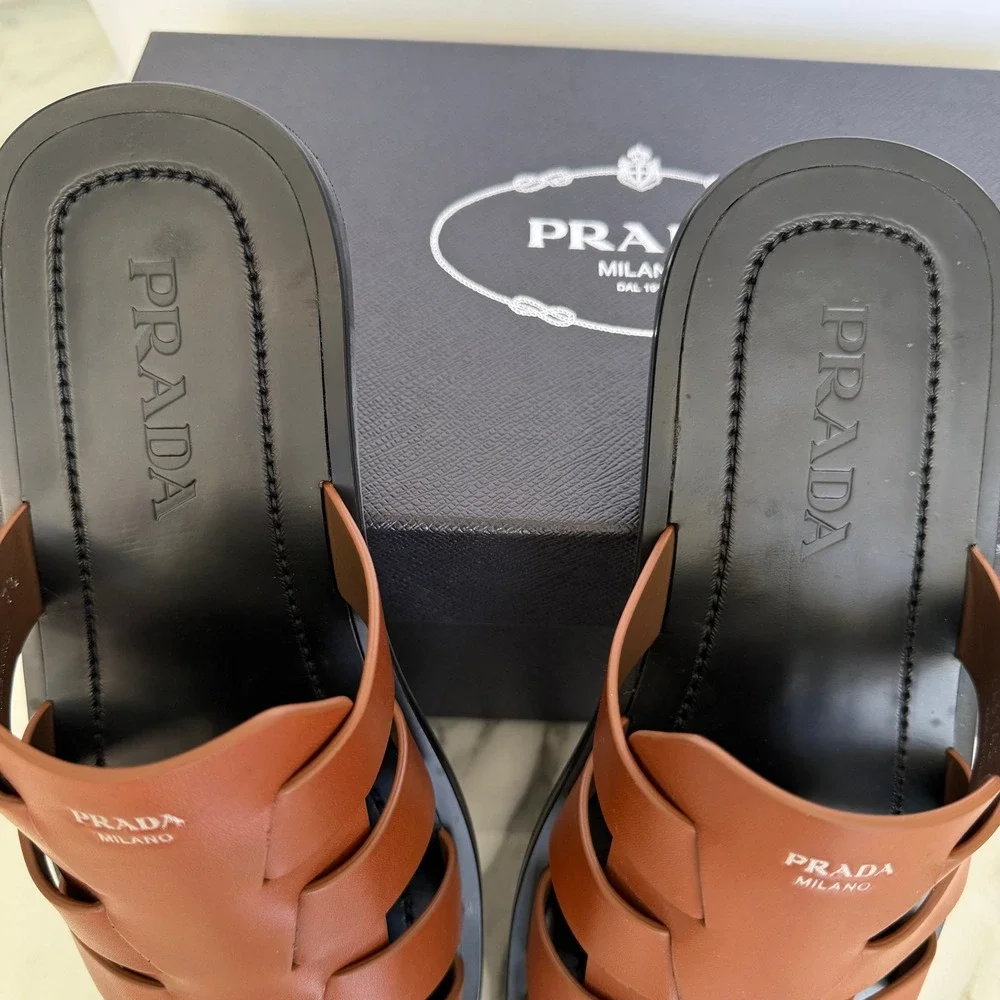 Prada 2X3145 Cognac Leather Fisherman's Mules Sandals Shoes, Sz. US 8.5 (UK 7.5)